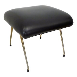 Vintage Ottoman with Tapered Gold Legs and Black Faux Leather Seat, 1960s For Sale