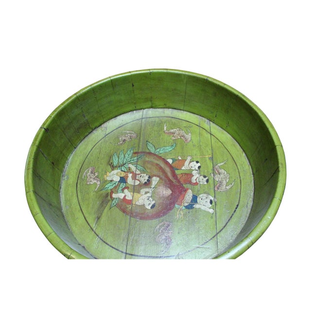 1990s Chinese Vintage Distressed Green Graphic Round Shape Wood Bucket For Sale - Image 5 of 7