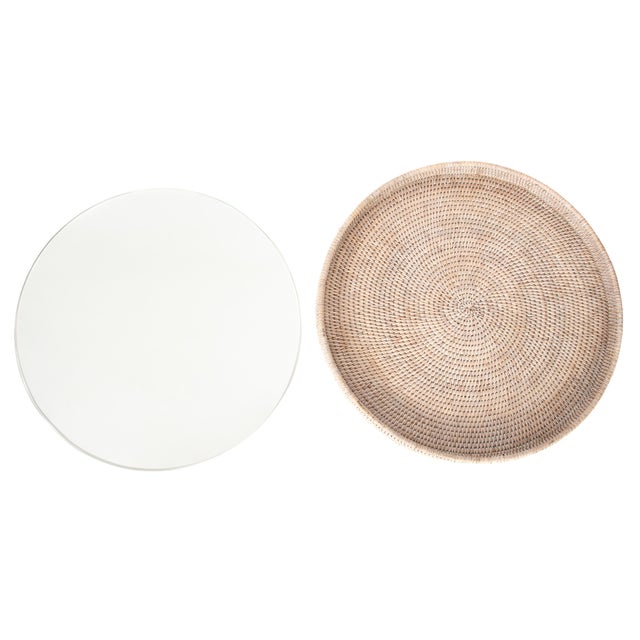 Boho Chic Artifacts Rattan Round Serving/Ottoman Tray with Glass Insert in White Wash - 19" For Sale - Image 3 of 4