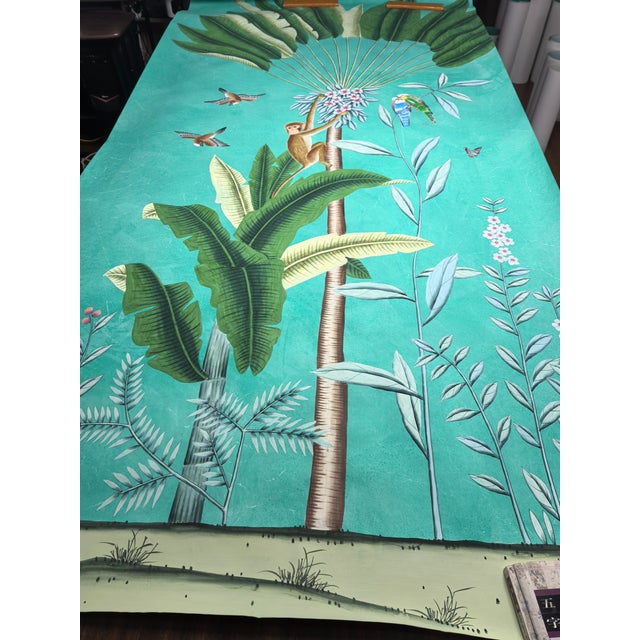 Chinoiserie Edo Xuan Paper Hand-Painted Chinoiserie Wallpaper – Tropical Botanical Monkey & Bird Design For Sale - Image 3 of 3