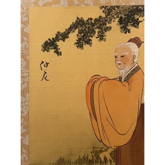 Early 20th Century Antique Chinese Painting on Fine Silk of a Scholar or Sage, in Orange Robe, Framed & Signed For Sale - Image 5 of 6