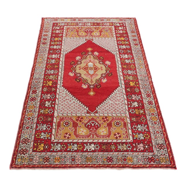 1950s Vintage Kirsehir Rug in Red and Gold With Geometric Medallion - Rug & Kilim For Sale - Image 5 of 7