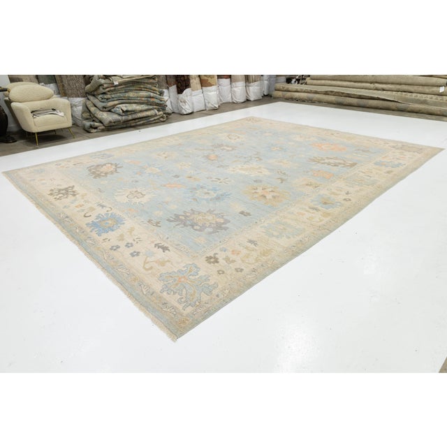 12x15 Modern Oushak Hand-Knotted Wool Area Rug – Soft Blue & Muted Earth Tones For Sale - Image 10 of 11