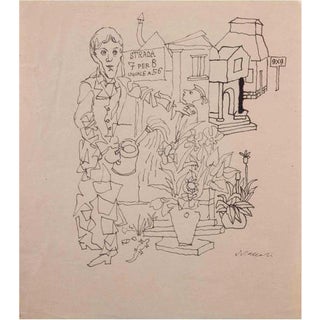 Mino Maccari, The Gardener, Ink Drawing, 1960s For Sale