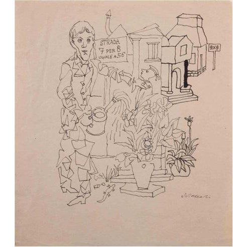 Mino Maccari, The Gardener, Ink Drawing, 1960s For Sale