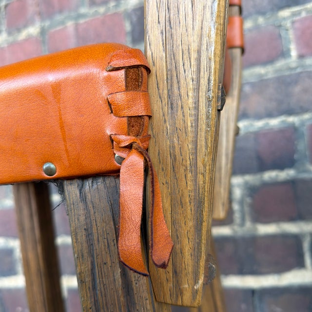 Pair of Ranch Oak Rustic Leather and Wood Bar Stools For Sale - Image 12 of 12