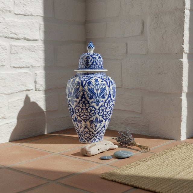 2020s Handmade Ceramic Grand Shah Jar (60cm) Blue and White Imperial Medallion Semse Pattern Floor Vase For Sale - Image 5 of 7