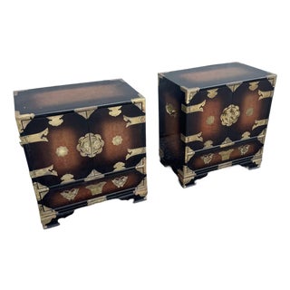 Vintage Chinese Burlwood and Brass Nightstands - A Pair For Sale