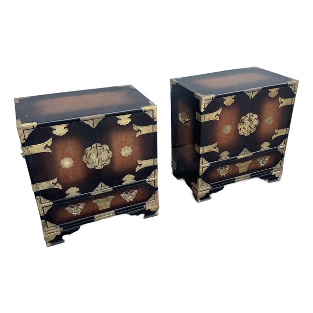 Vintage Chinese Burlwood and Brass Nightstands - A Pair For Sale
