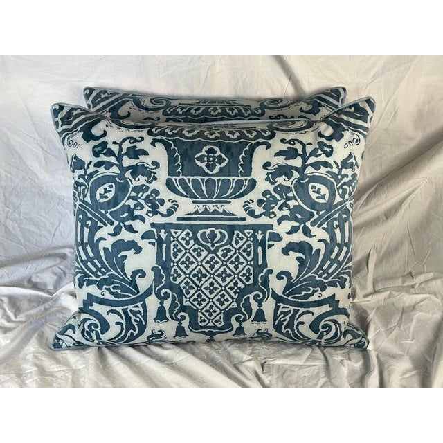Pair of custom Carnavalet patterned Fortuny textile pillows in blue & white. The 17th Century inspired French design-with...