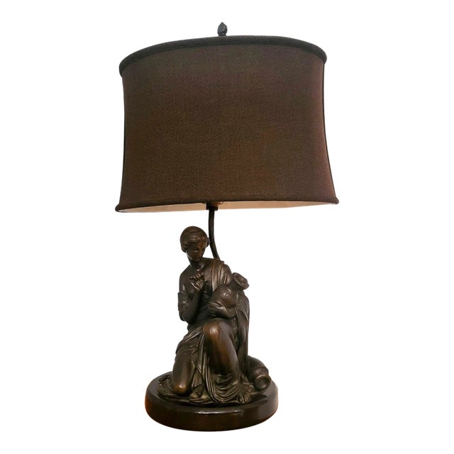 1970s Bronze Sculpture of Female Kneeling With Urn Table Lamp With Linen Shade For Sale