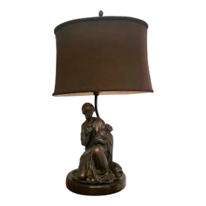 1970s Bronze Sculpture of Female Kneeling With Urn Table Lamp With Linen Shade