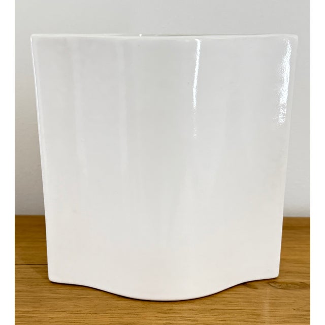 Vintage Höganäs Keramik stoneware vase, made in Sweden. Features a sculptural curved rectangular form with hand painted...