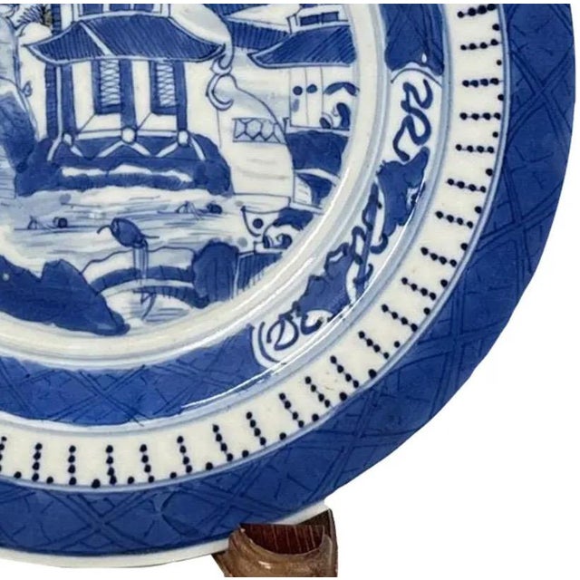 Blue Antique 19th Century Chinese Canton Blue & White Export Porcelain 8.5" Scenic Bowl & Stand For Sale - Image 8 of 12