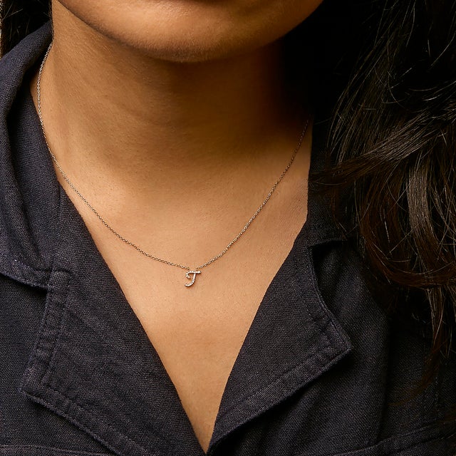 10K Yellow Gold Diamond Accent "T" Initial Script Style Pendant Necklace For Sale - Image 4 of 5