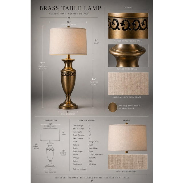 Vintage Transitional Urn Table Lamp in Antique Brass With Pierced Metal Frieze & Linen Drum Shade — 27” - a Pair For Sale - Image 4 of 9