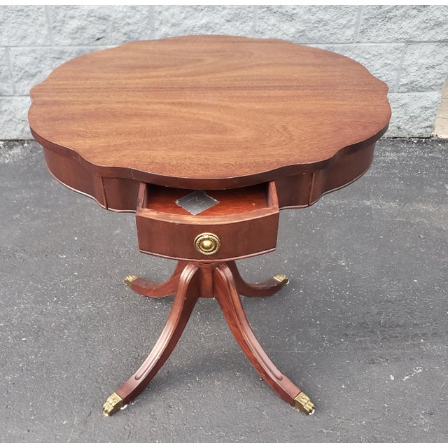 Refinished Mid-Century Mahogany Single Drawer QuadPod Pedestal Drum Table For Sale - Image 4 of 9
