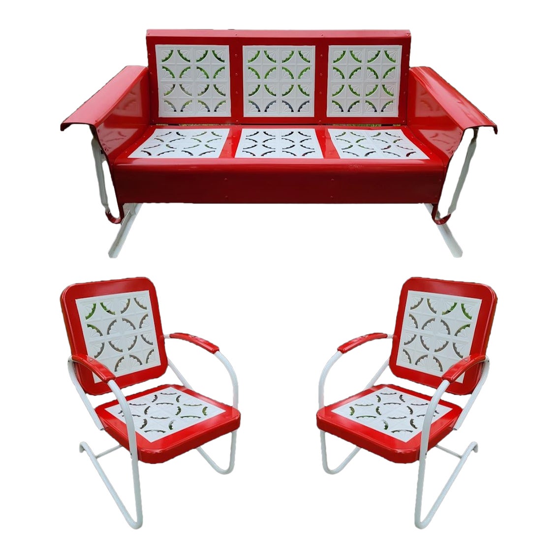 Vintage Bunting Pie Crust Powder Coated 3Seat Porch Glider & 2 Chairs