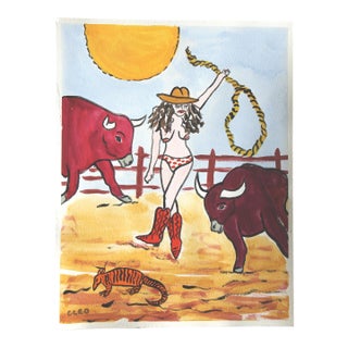 Pop Art Americana Nude With Bulls Western Landscape Burgundy Red Gold Original Painting by Cleo Plowden For Sale