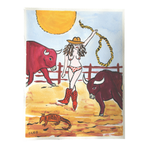 Pop Art Americana Nude With Bulls Western Landscape Burgundy Red Gold Original Painting by Cleo Plowden
