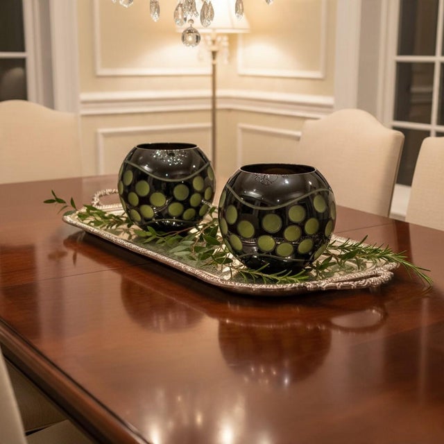 Late 20th Century Vintage Black Glass Globe Candle Holders Pair-Green Polka Dot-Mid Century Modern For Sale - Image 5 of 8