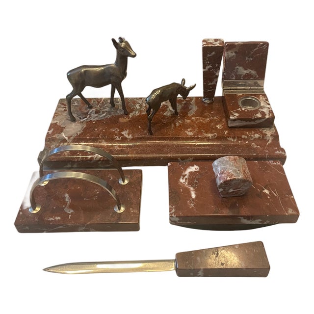 Vintage Swedish Art Deco Red Marble and Bronze Desk Set, 1920s, Set of 5 For Sale