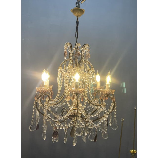 Vintage Italian Crystal Beaded Chandelier with Lilac Glass Bobeches, 1960s For Sale - Image 4 of 18