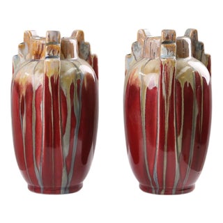 Art Deco Sculptural Glazed Ceramic Vases, Belgium, 1930s, Set of 2 For Sale