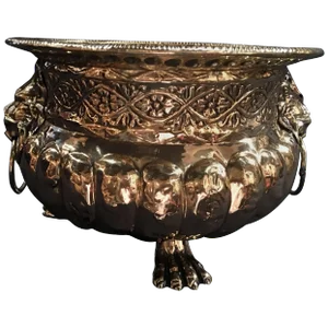 French Polished Brass Jardiniere With Lion Ring Handles, 19th Century