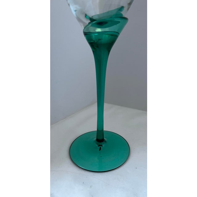 Mid-Century Modern Pair of Italian Murano Style Teal Stem Art Glass Wine Goblets For Sale - Image 3 of 4