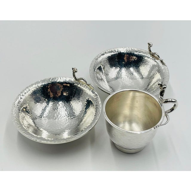 1980s Emilia Castillo Silver-Plated Bowl & Cup Set With Sculptural Worm Handles For Sale In Los Angeles - Image 6 of 18