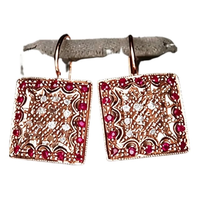 Late 19th Century 14K Pink Gold Rose Cut Diamond Ruby Dangle Drop Earrings, Pair For Sale