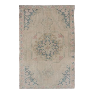 Faded Turkish Oushak Rug From Turkey With Blossom Medallion For Sale