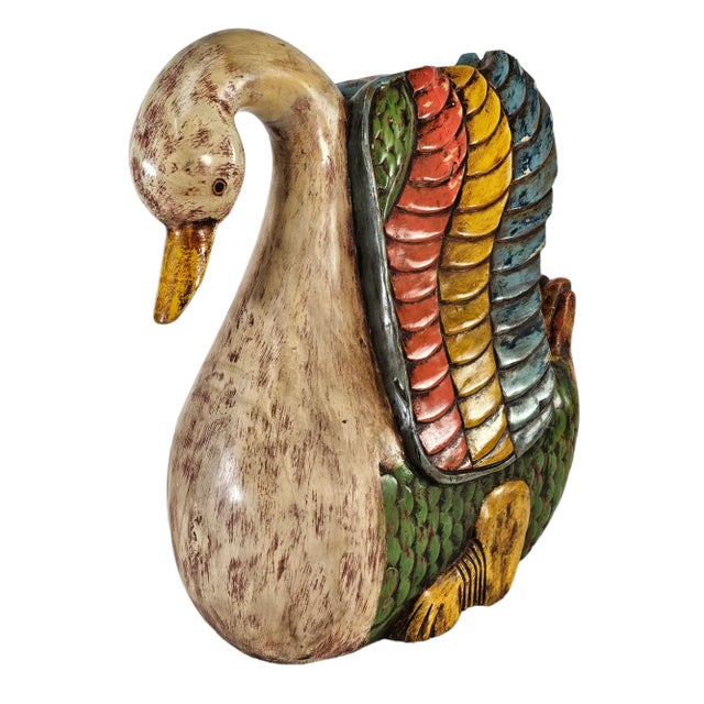 Wood Late 20th-Century Mexican Hand-Carved Painted Wood Swan Sculpture, Folk Art 15" For Sale - Image 7 of 12