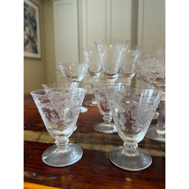 Glass 18-Piece Set of Vintage Fostoria Romance Pattern Etched Crystal Glassware With Flowers and Ribbon Designs For Sale - Image 7 of 14