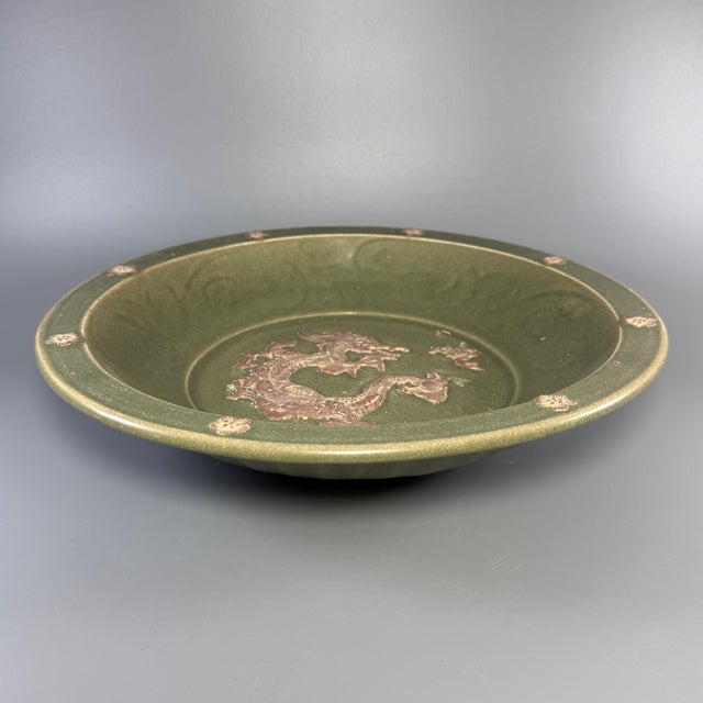 Chinese Antique Chinese Celadon Relief Dragon Charger Plate, Collectible Antique For Sale - Image 3 of 5