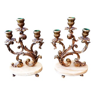 Vintage Marble and Bronze Candleholders, 1930s, Set of 2 For Sale