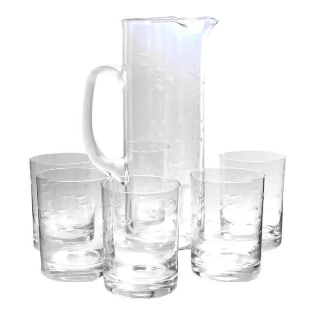 Midcentury Etched Fish Beverage Pitcher & Low Ball Set For Sale