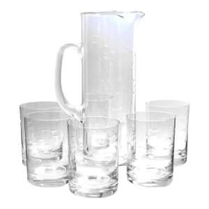 Midcentury Etched Fish Beverage Pitcher & Low Ball Set