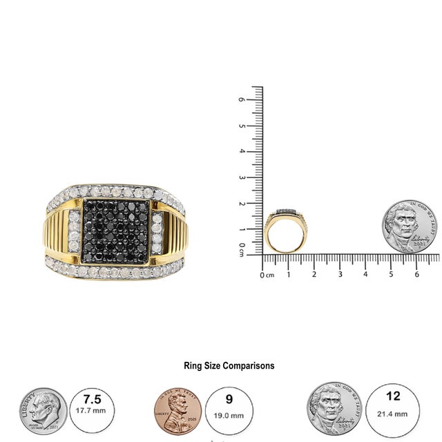 Men's 14K Yellow Gold Plated .925 Sterling Silver 1 1/2 Cttw White and Black Treated Diamond Cluster Ring (Black / I-J Color, I2-I3 Clarity) - Size 9 For Sale In New York - Image 6 of 6