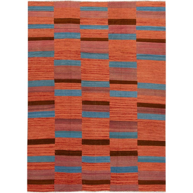 Modern Kilim Flatweave Orange Geometric Abstract Wool Rug For Sale - Image 10 of 10