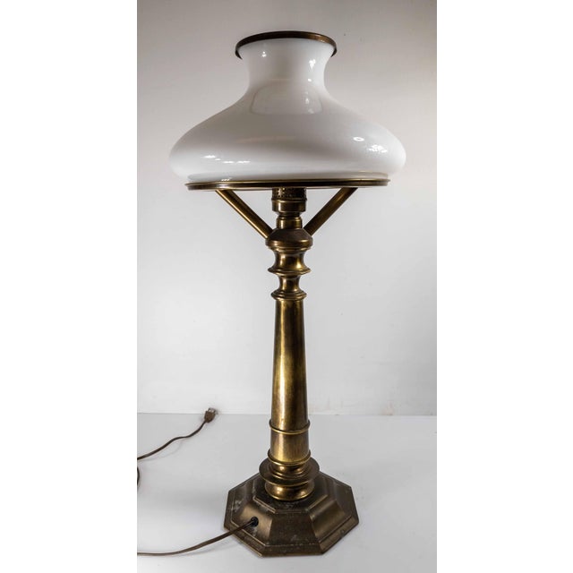 American 1970's Ethan Allen Brass Sinumbra Astral Lamp Style Table Lamp With White Glass Shade For Sale - Image 3 of 14