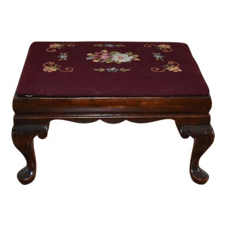 1920s Queen Anne Style Mahogany & Original Needlepoint Footstool For Sale