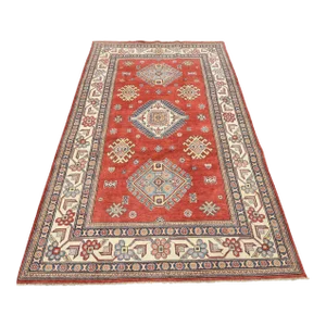Kazak Rug 5'9'' X 8'11'' Red Wool Tribal Geometric Hand-Knotted Oriental Carpet