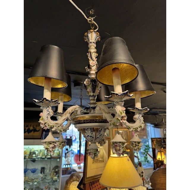 Ceramic 1930s French Hand Painted Porcelain Five Light Chandelier For Sale - Image 7 of 12