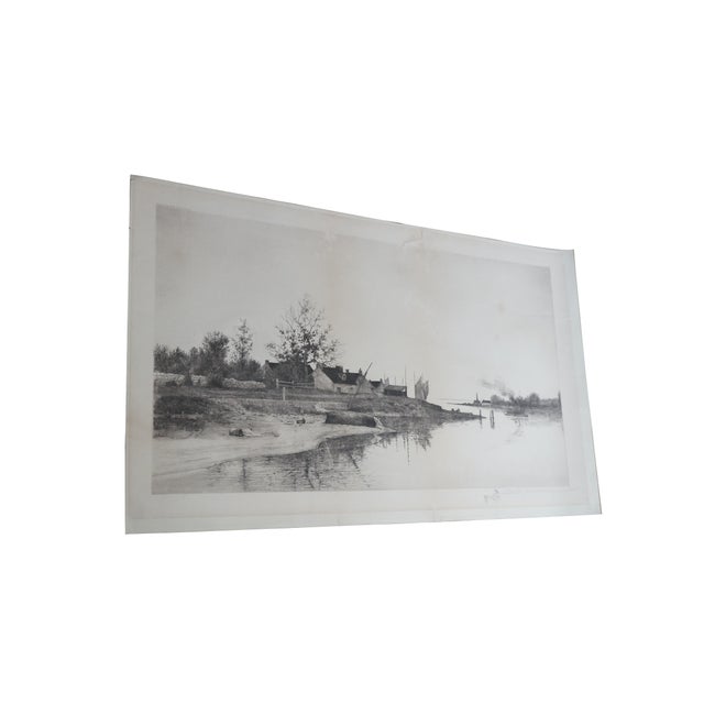 Realism Antique 19th Century Coastal Fishing Village Tugboat Sailboat Etching 29" For Sale - Image 3 of 11