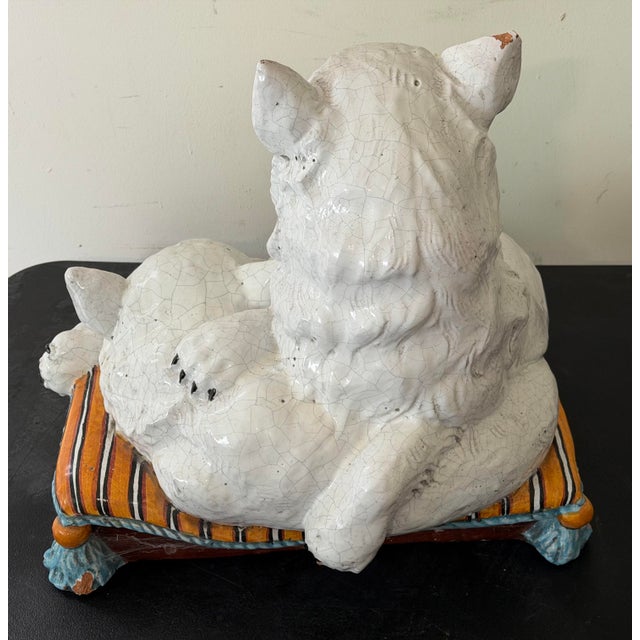 Monumental Italian Majolica Terracotta Mother Cat & Sleeping Kitten Sculpture on Striped Cushion, 22 Inches Wide For Sale - Image 4 of 12