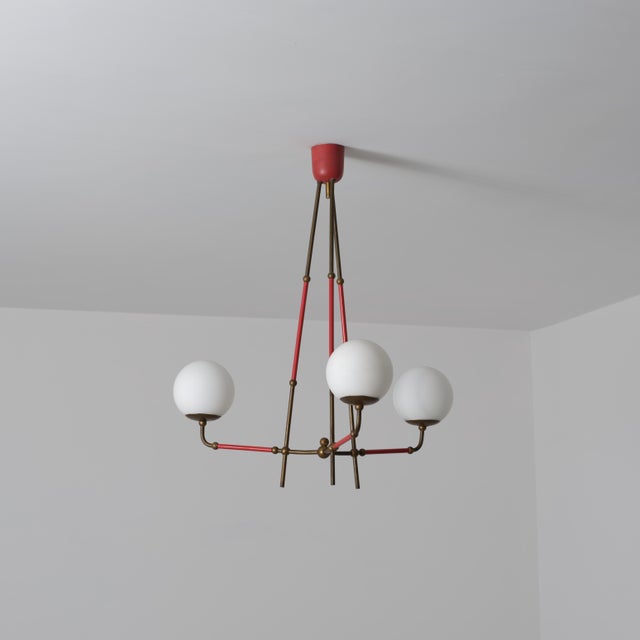 Vintage Italian Brass and Red Lacquered Chandelier with Opaline Glass, 1950s For Sale - Image 11 of 13