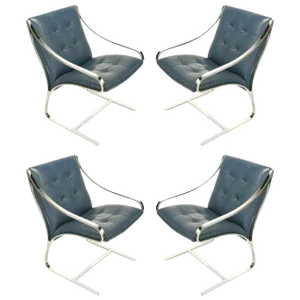 1970s Bert England for Brueton Polished Steel & Cadet Blue Leather Lounge Chairs - Set of 4