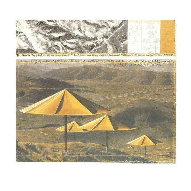 Artist: Javacheff Christo Title: The Yellow Umbrellas Year: 1991 Signed: No Medium: Offset Lithograph Paper Size: 19.25 x...